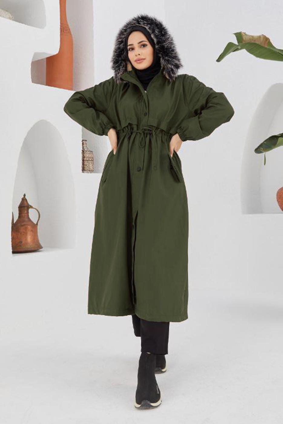 Vêtements hijab KAKI MANTEAU À CAPUCHE TAILLE SMOCKÉE 5013