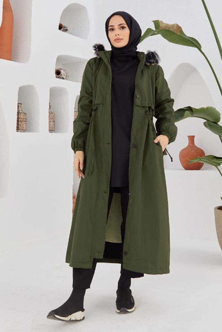 Vêtements hijab KAKI MANTEAU À CAPUCHE TAILLE SMOCKÉE 5013