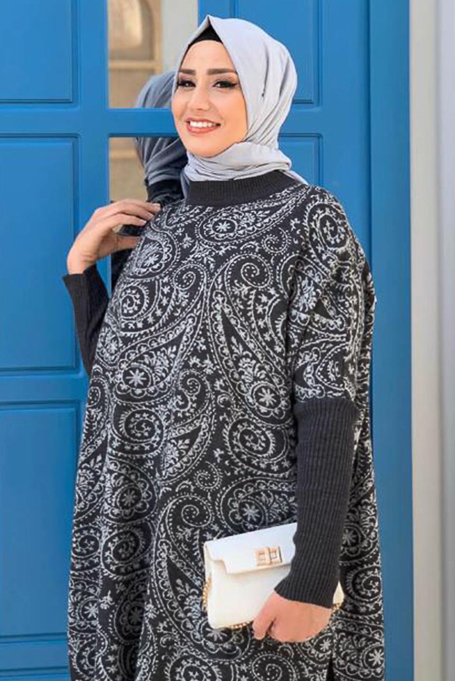 Tesettür giyim GRİ YIRTMAÇLI DESENLİ PANÇO 44112