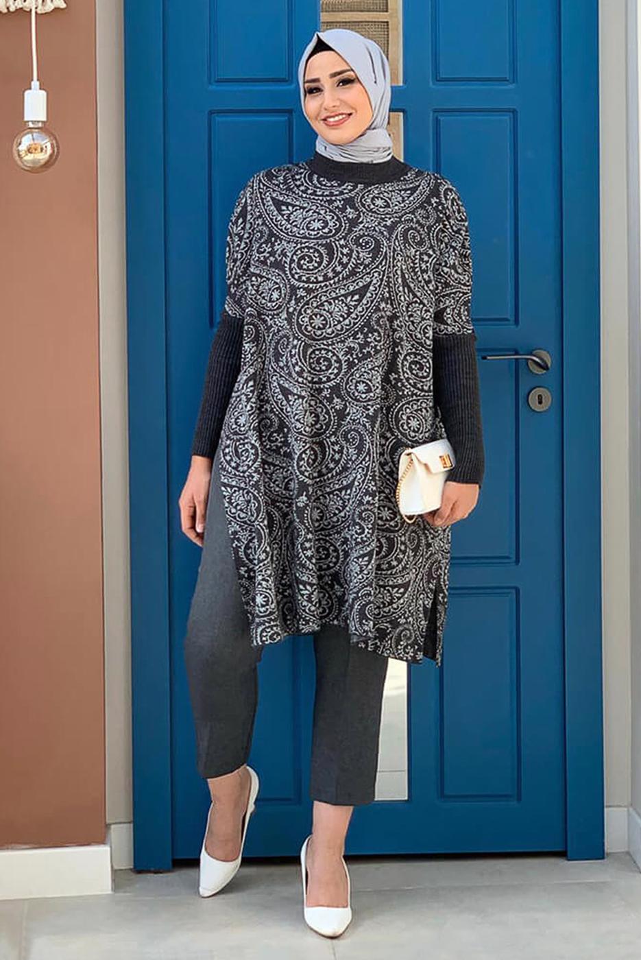Tesettür giyim GRİ YIRTMAÇLI DESENLİ PANÇO 44112