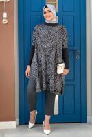 Tesettür giyim GRİ YIRTMAÇLI DESENLİ PANÇO 44112
