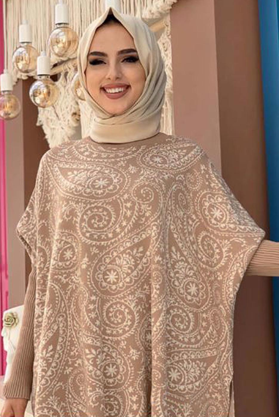 Tesettür giyim TABA YIRTMAÇLI DESENLİ PANÇO 44112