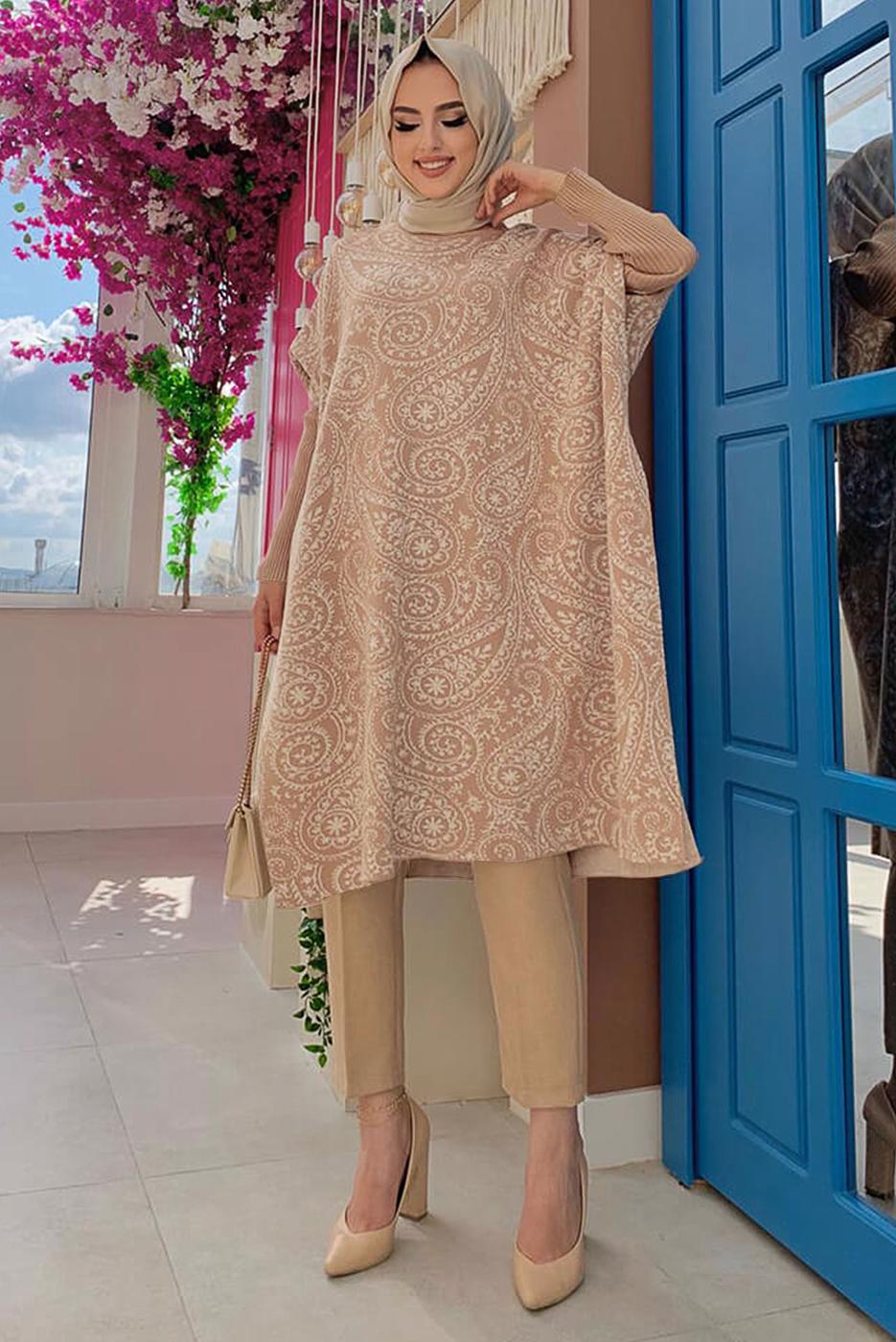 Tesettür giyim TABA YIRTMAÇLI DESENLİ PANÇO 44112