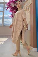 Tesettür giyim TABA YIRTMAÇLI DESENLİ PANÇO 44112