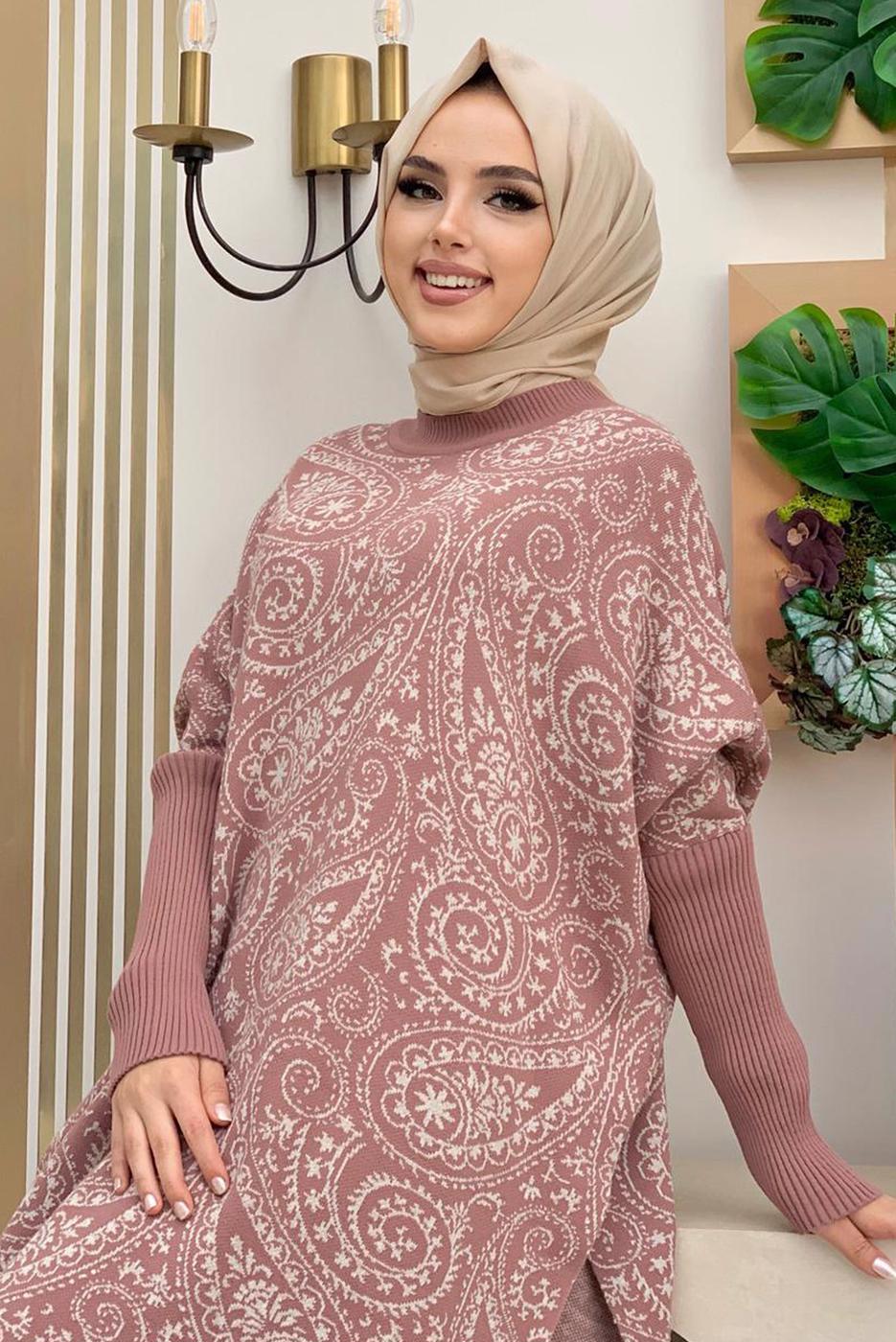 Tesettür giyim PEMBE YIRTMAÇLI DESENLİ PANÇO 44112