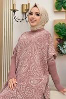 Tesettür giyim PEMBE YIRTMAÇLI DESENLİ PANÇO 44112