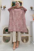 Tesettür giyim PEMBE YIRTMAÇLI DESENLİ PANÇO 44112