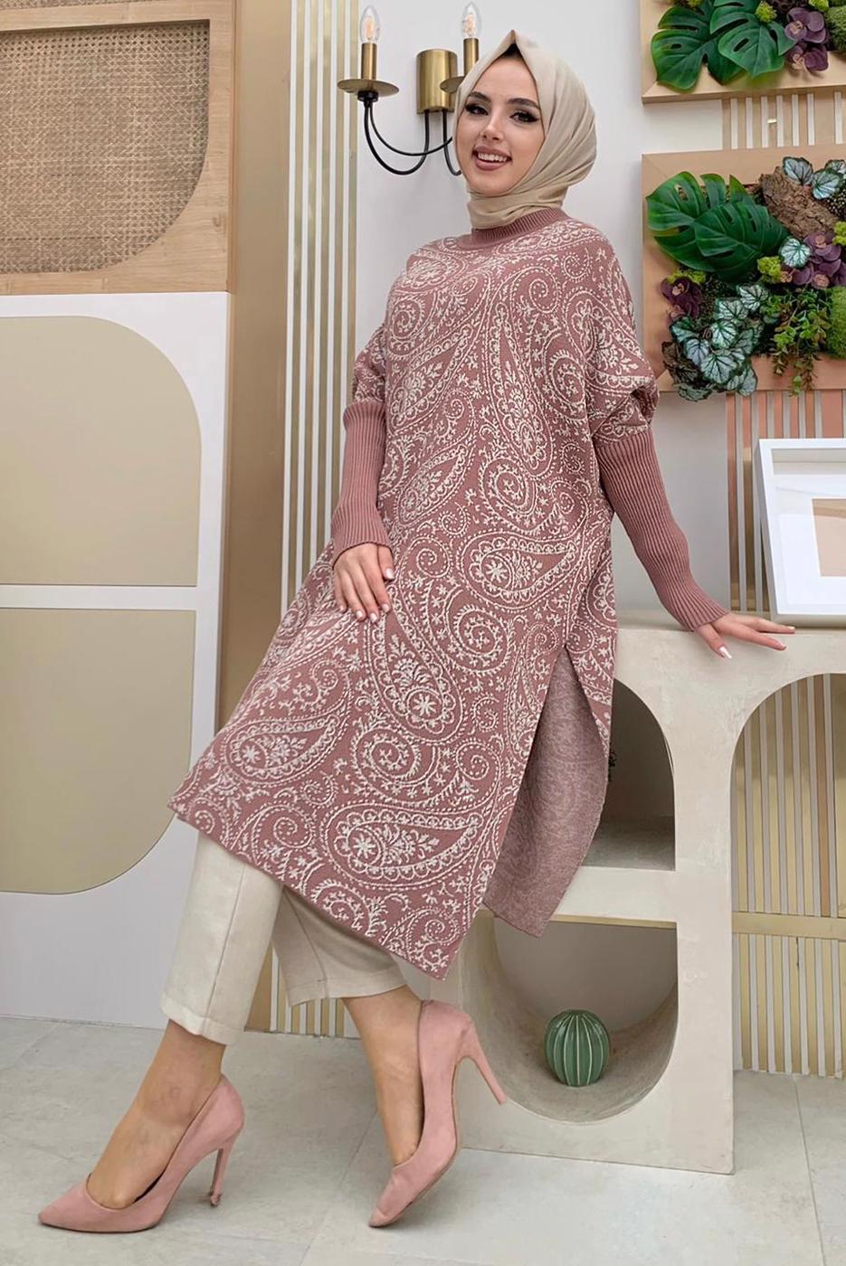 Tesettür giyim PEMBE YIRTMAÇLI DESENLİ PANÇO 44112