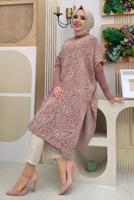 Tesettür giyim PEMBE YIRTMAÇLI DESENLİ PANÇO 44112