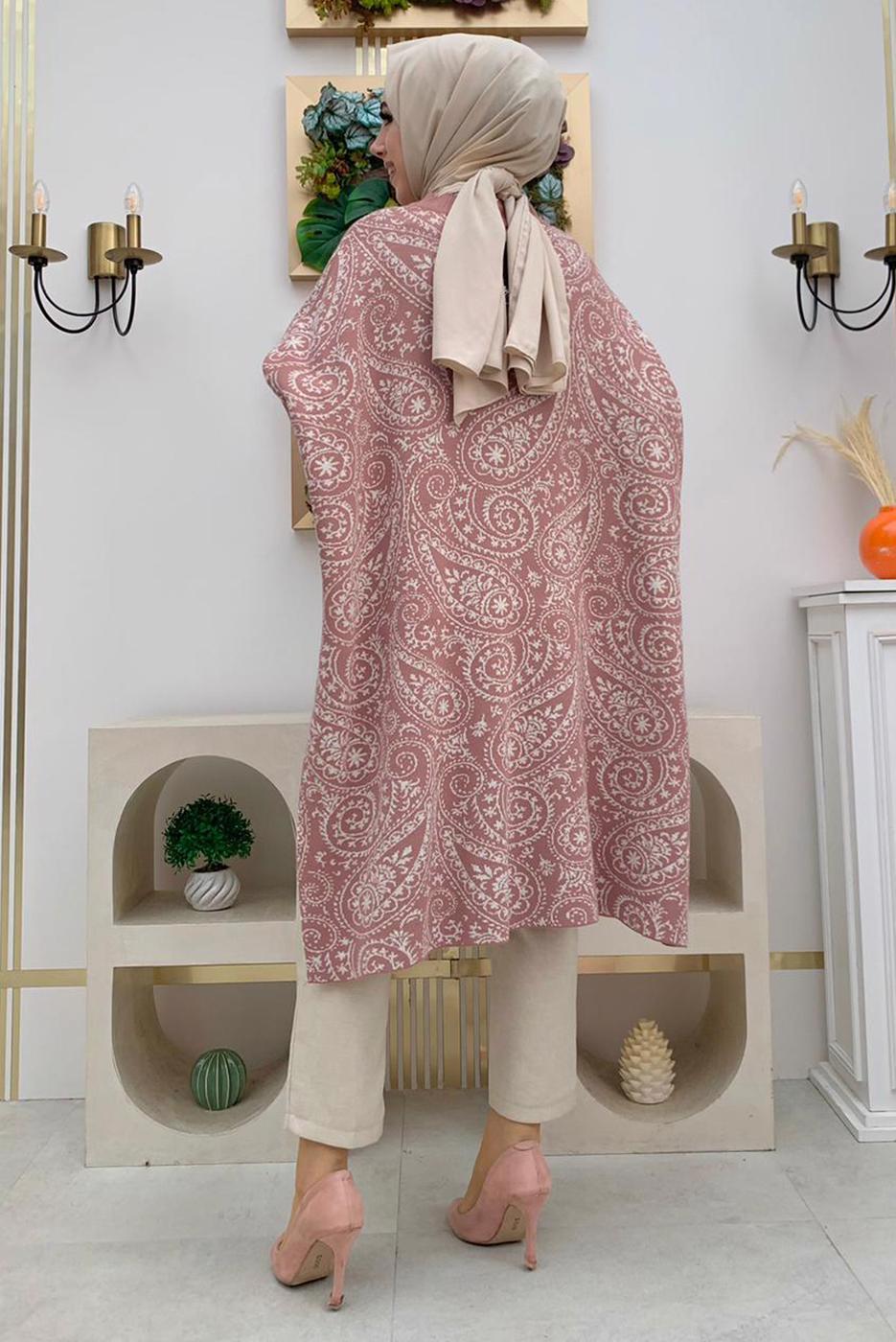 Tesettür giyim PEMBE YIRTMAÇLI DESENLİ PANÇO 44112