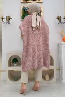 Tesettür giyim PEMBE YIRTMAÇLI DESENLİ PANÇO 44112
