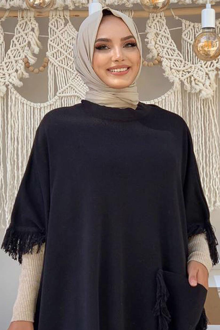 Tesettür giyim SİYAH PÜSKÜLLÜ TRİKO PANÇO 51112	