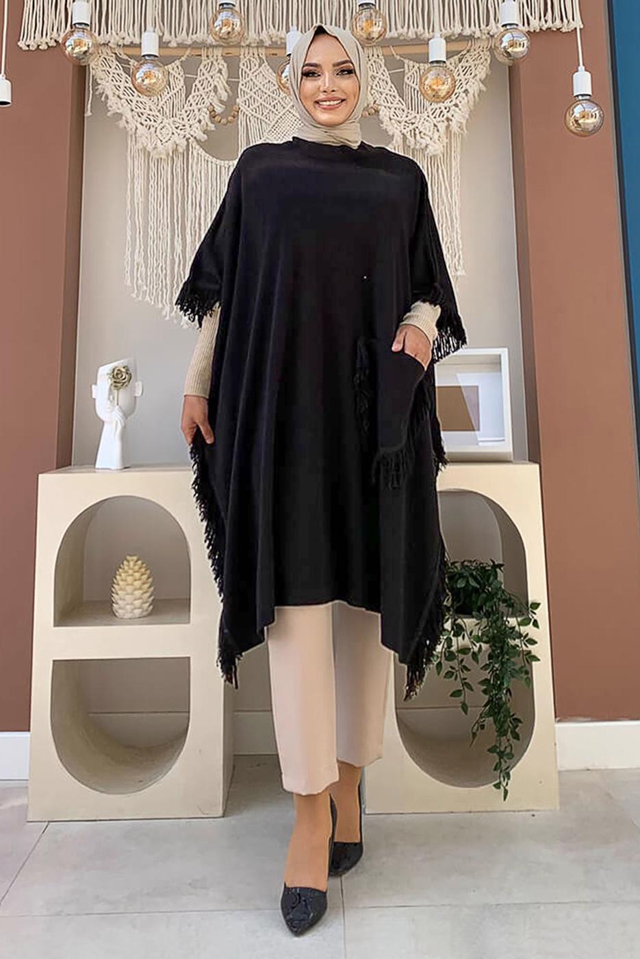 Tesettür giyim SİYAH PÜSKÜLLÜ TRİKO PANÇO 51112	