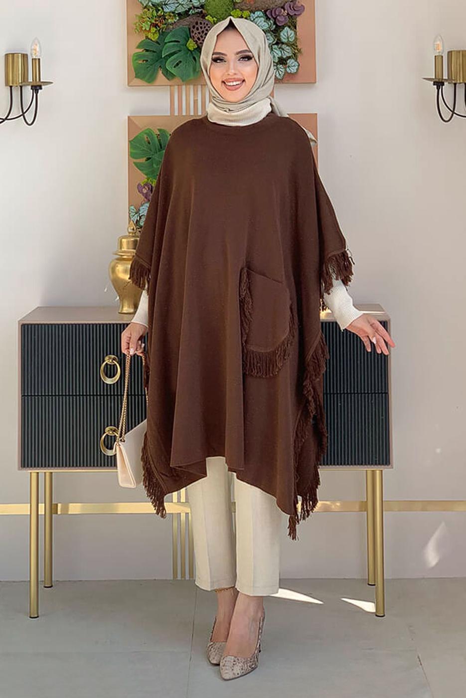 Tesettür giyim KAHVE PÜSKÜLLÜ TRİKO PANÇO 51112	