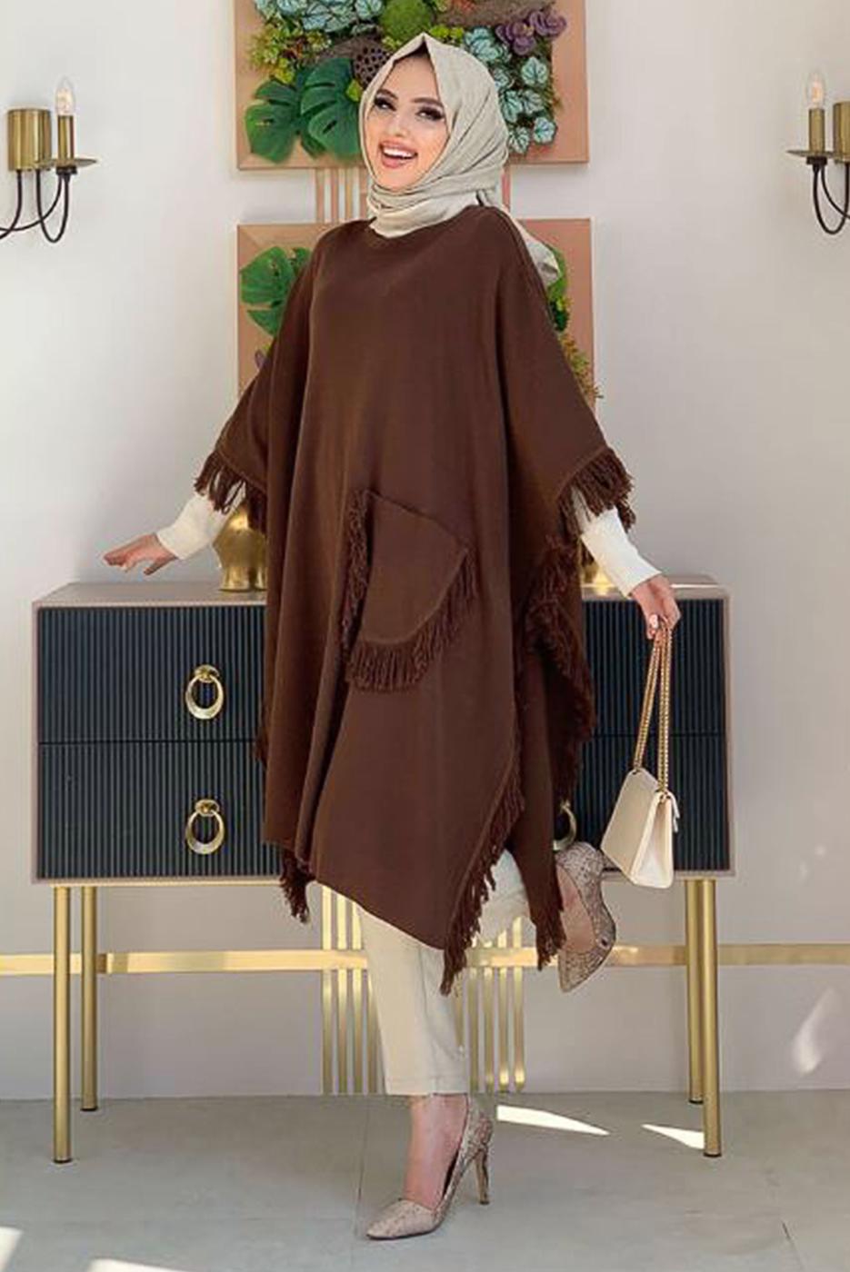 Tesettür giyim KAHVE PÜSKÜLLÜ TRİKO PANÇO 51112	