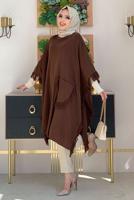 Tesettür giyim KAHVE PÜSKÜLLÜ TRİKO PANÇO 51112	