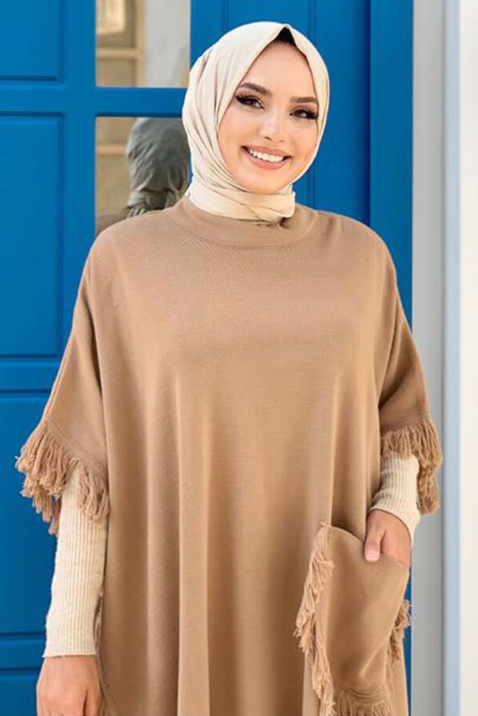 Tesettür giyim TABA PÜSKÜLLÜ TRİKO PANÇO 51112	