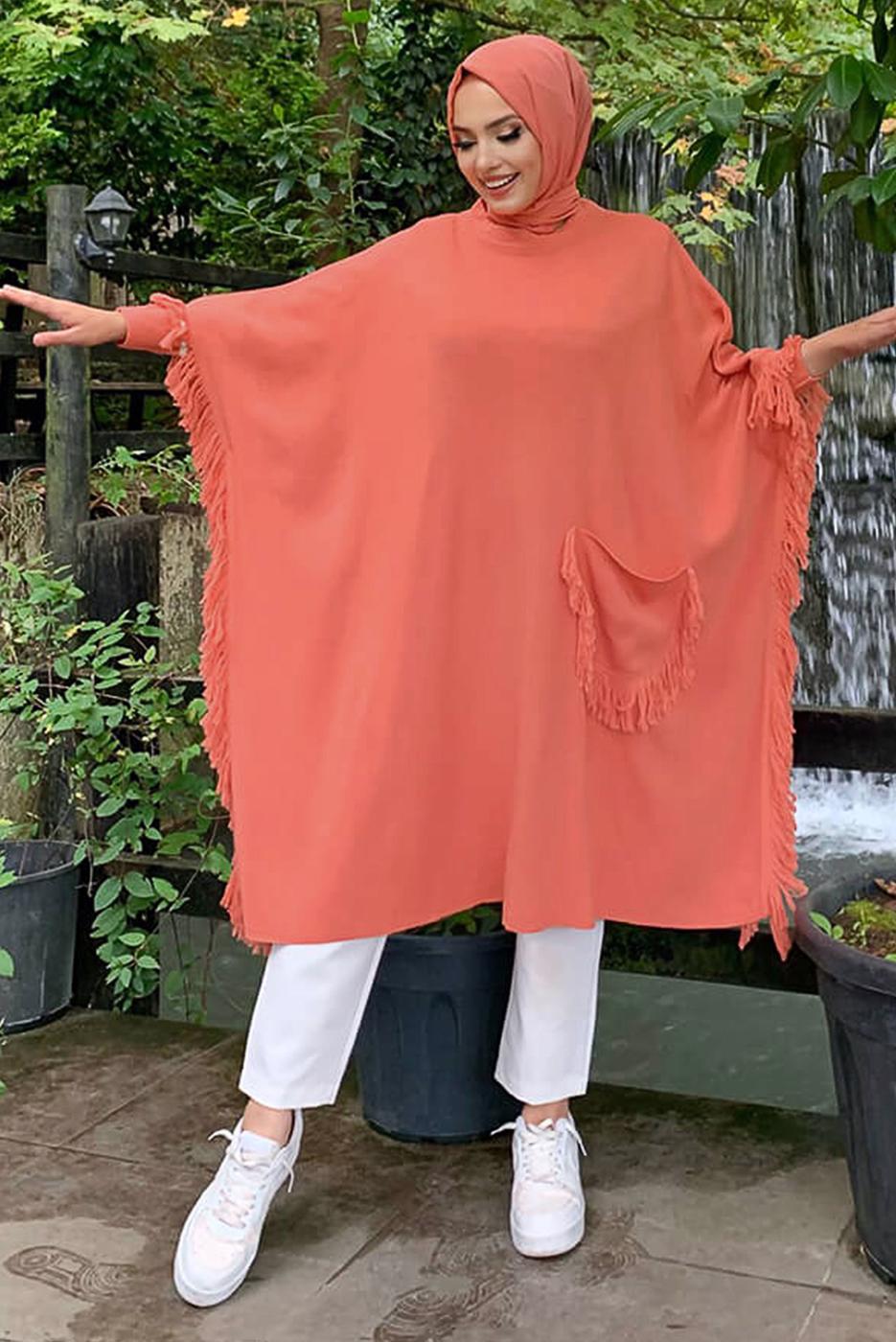 Tesettür giyim KIRMIZI PÜSKÜLLÜ TRİKO PANÇO 51112	