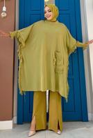 Tesettür giyim YEŞİL PÜSKÜLLÜ TRİKO PANÇO 51112	