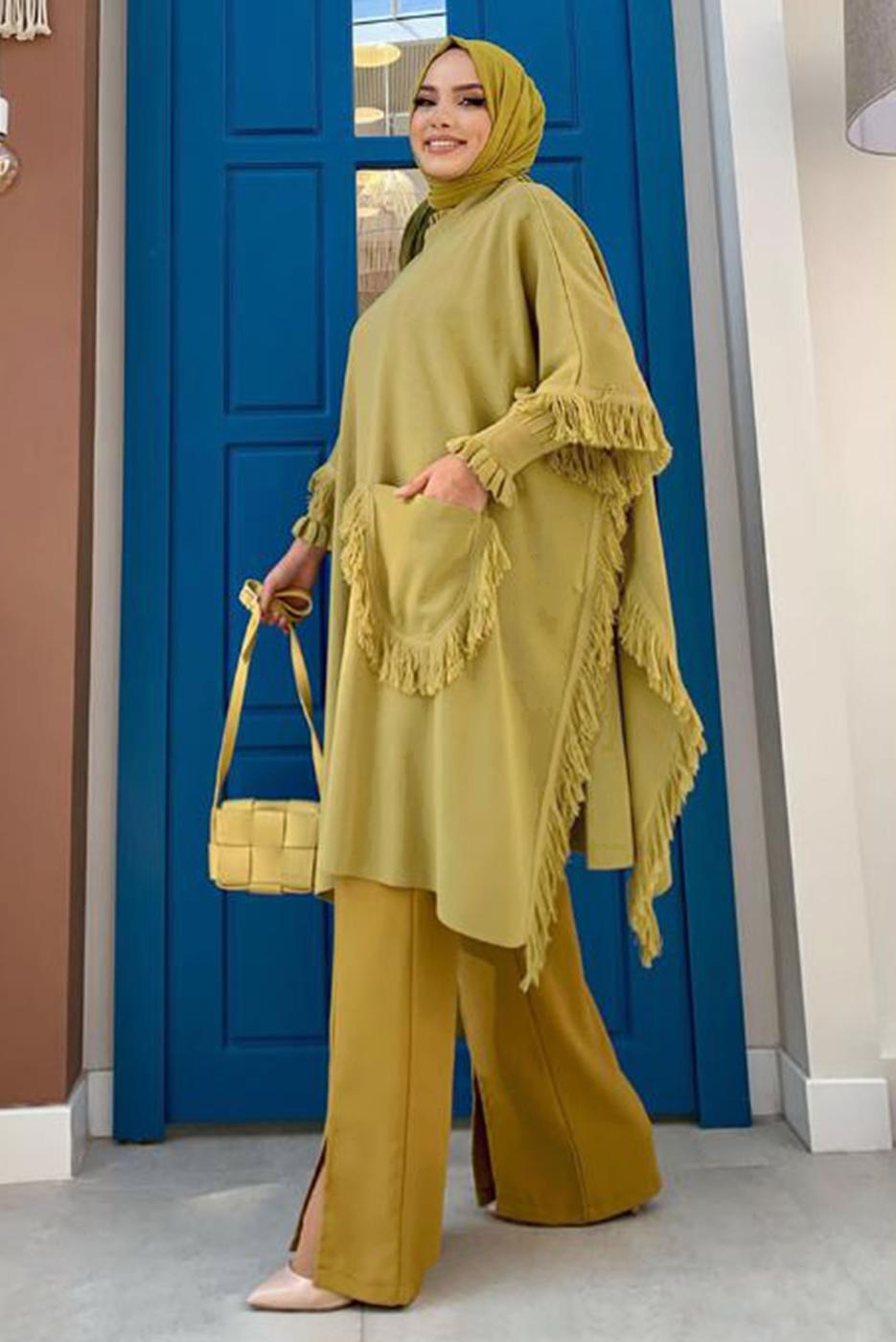 Tesettür giyim YEŞİL PÜSKÜLLÜ TRİKO PANÇO 51112	