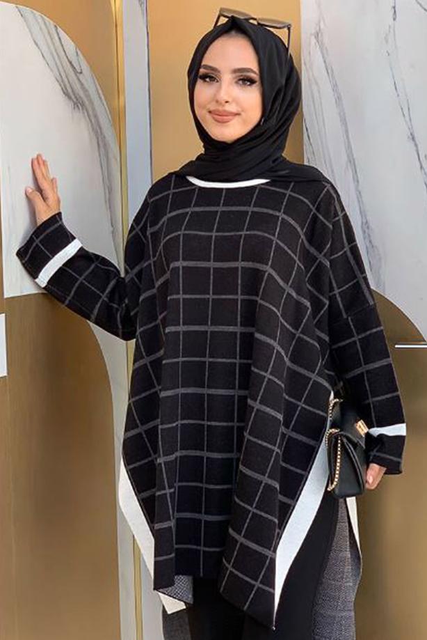 Tesettür giyim SİYAH EKOSE DESEN TRİKO PANÇO 71222	 - TRENDTESETTÜR