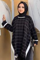 Tesettür giyim SİYAH EKOSE DESEN TRİKO PANÇO 71222	