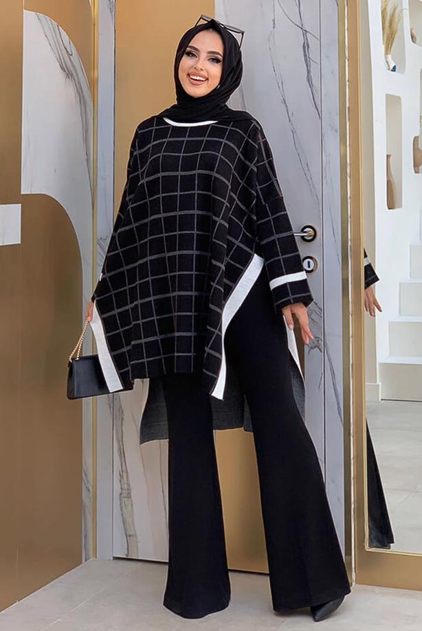 Tesettür giyim SİYAH EKOSE DESEN TRİKO PANÇO 71222	 - TRENDTESETTÜR