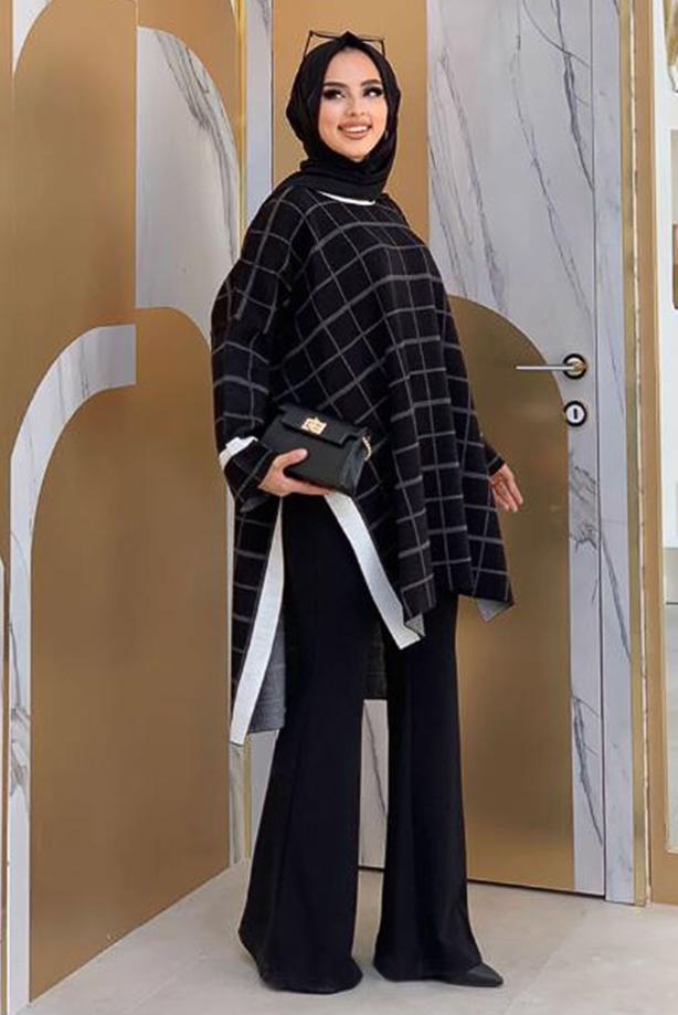 Tesettür giyim SİYAH EKOSE DESEN TRİKO PANÇO 71222	 - TRENDTESETTÜR