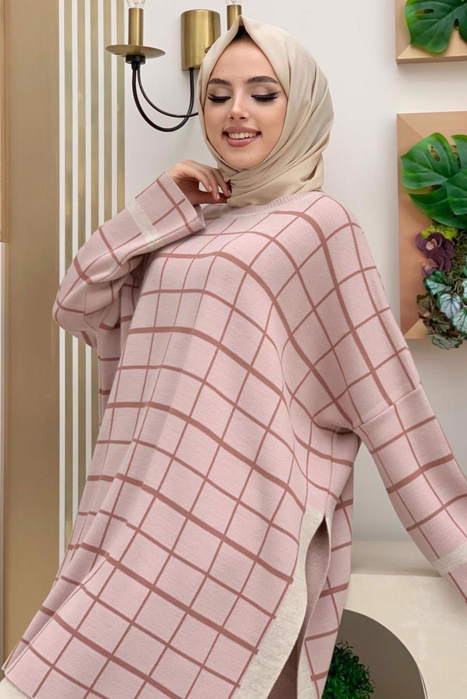 Tesettür giyim PUDRA EKOSE DESEN TRİKO PANÇO 71222	