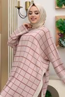Tesettür giyim PUDRA EKOSE DESEN TRİKO PANÇO 71222	