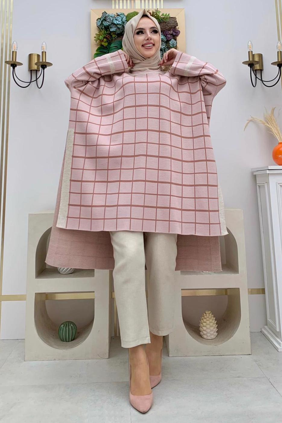 Tesettür giyim PUDRA EKOSE DESEN TRİKO PANÇO 71222	