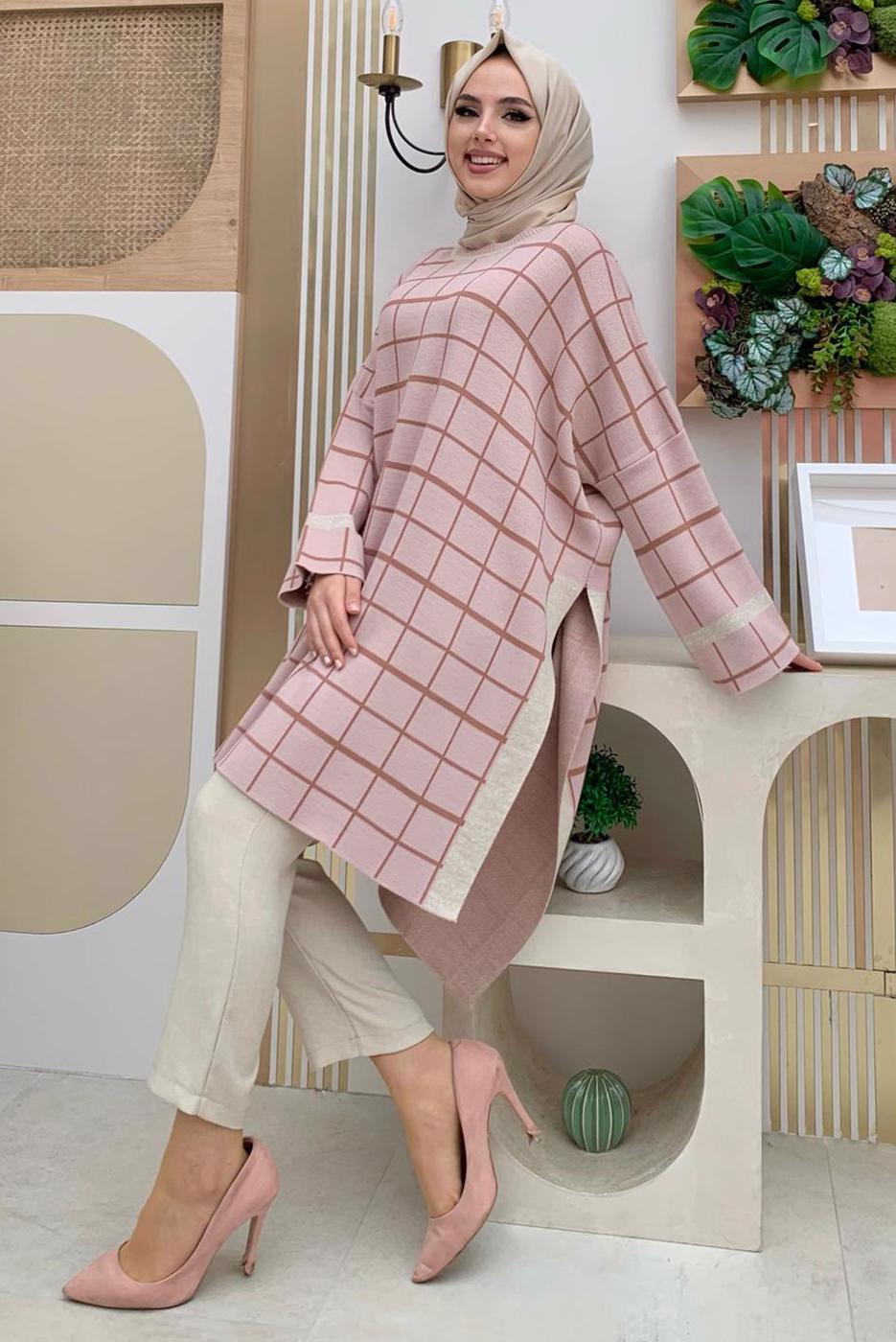 Tesettür giyim PUDRA EKOSE DESEN TRİKO PANÇO 71222	