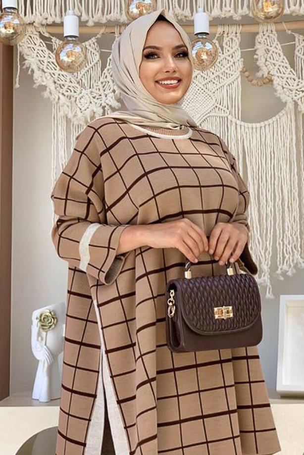 Tesettür giyim TABA EKOSE DESEN TRİKO PANÇO 71222	 - TRENDTESETTÜR