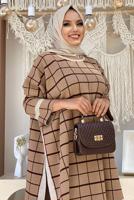 Tesettür giyim TABA EKOSE DESEN TRİKO PANÇO 71222	