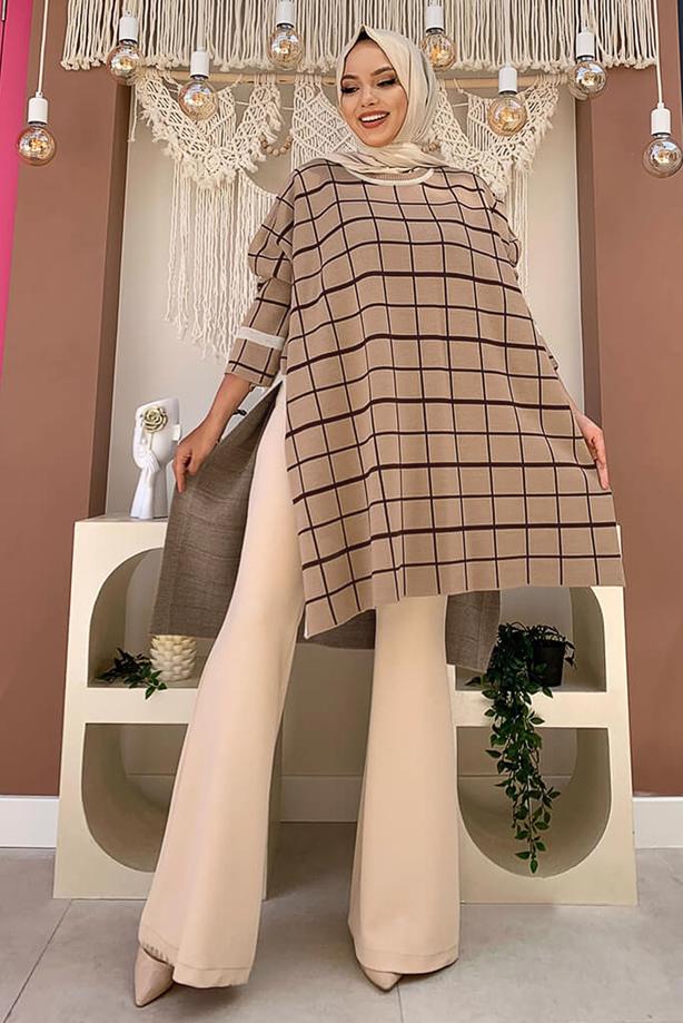 Tesettür giyim TABA EKOSE DESEN TRİKO PANÇO 71222	 - TRENDTESETTÜR