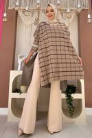 Tesettür giyim TABA EKOSE DESEN TRİKO PANÇO 71222	