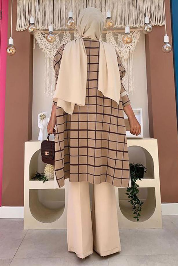 Tesettür giyim TABA EKOSE DESEN TRİKO PANÇO 71222	 - TRENDTESETTÜR