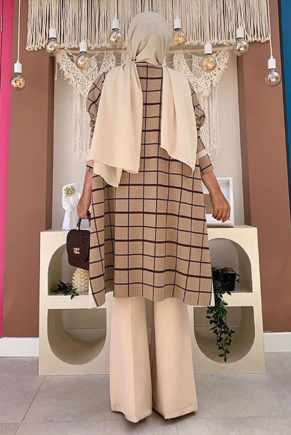 Tesettür giyim TABA EKOSE DESEN TRİKO PANÇO 71222	