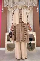 Tesettür giyim TABA EKOSE DESEN TRİKO PANÇO 71222	