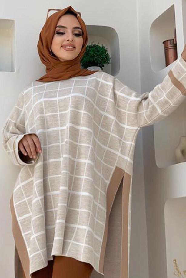 Hijab clothing BEIGE PLAID PATTERN KNITWEAR PONCHO 71222  - TRENDTESETTÜR