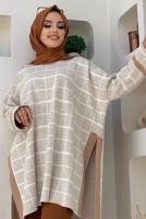 Hijab clothing BEIGE PLAID PATTERN KNITWEAR PONCHO 71222 