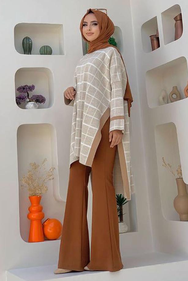 Hijab clothing BEIGE PLAID PATTERN KNITWEAR PONCHO 71222  - TRENDTESETTÜR