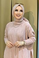 Tesettür giyim PUDRA KENDİNDEN DESENLİ TRİKO PANÇO 83112	