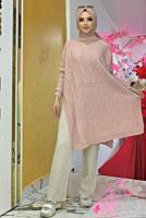 Tesettür giyim PUDRA KENDİNDEN DESENLİ TRİKO PANÇO 83112	