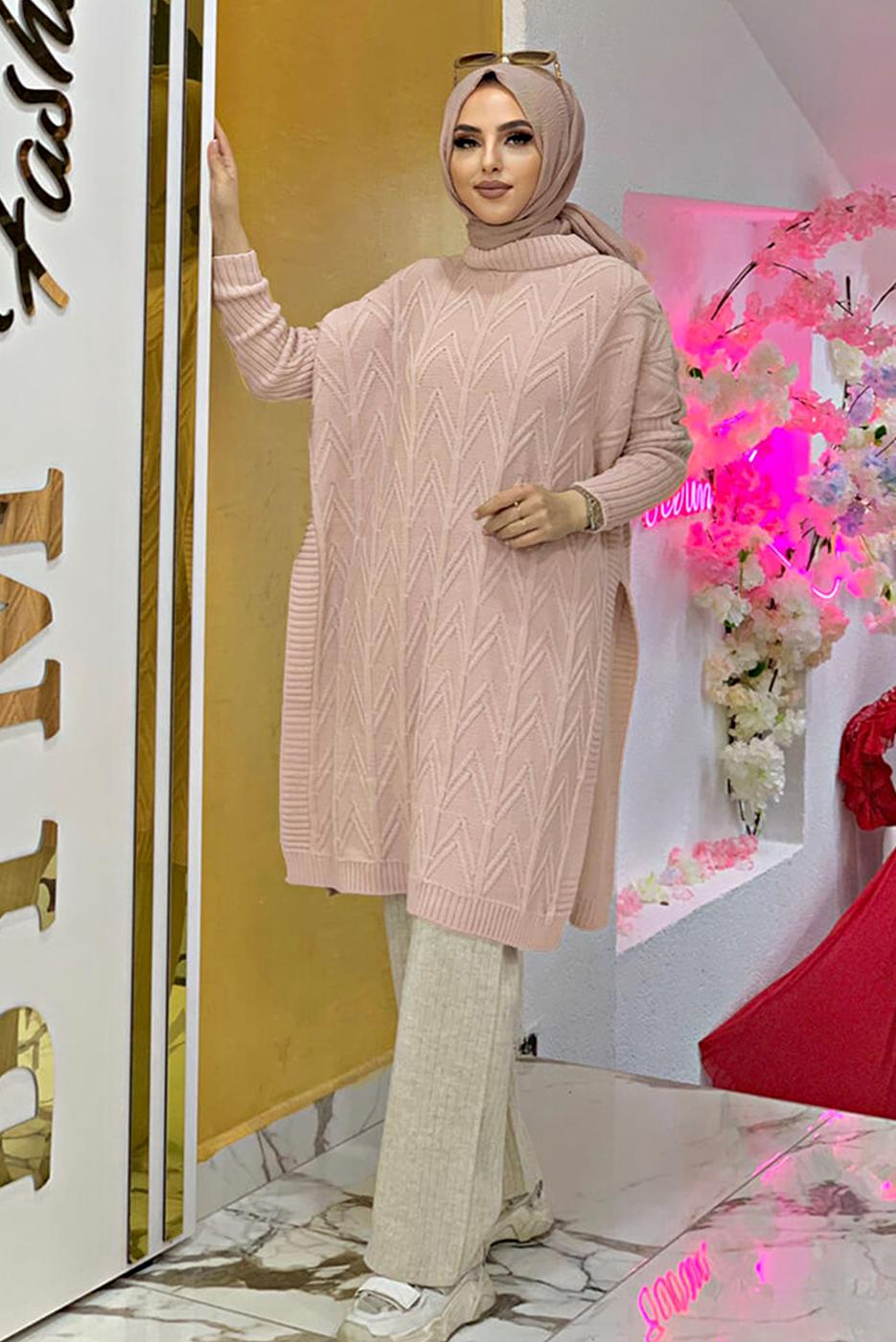 Tesettür giyim PUDRA KENDİNDEN DESENLİ TRİKO PANÇO 83112	