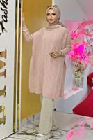 Tesettür giyim PUDRA KENDİNDEN DESENLİ TRİKO PANÇO 83112	