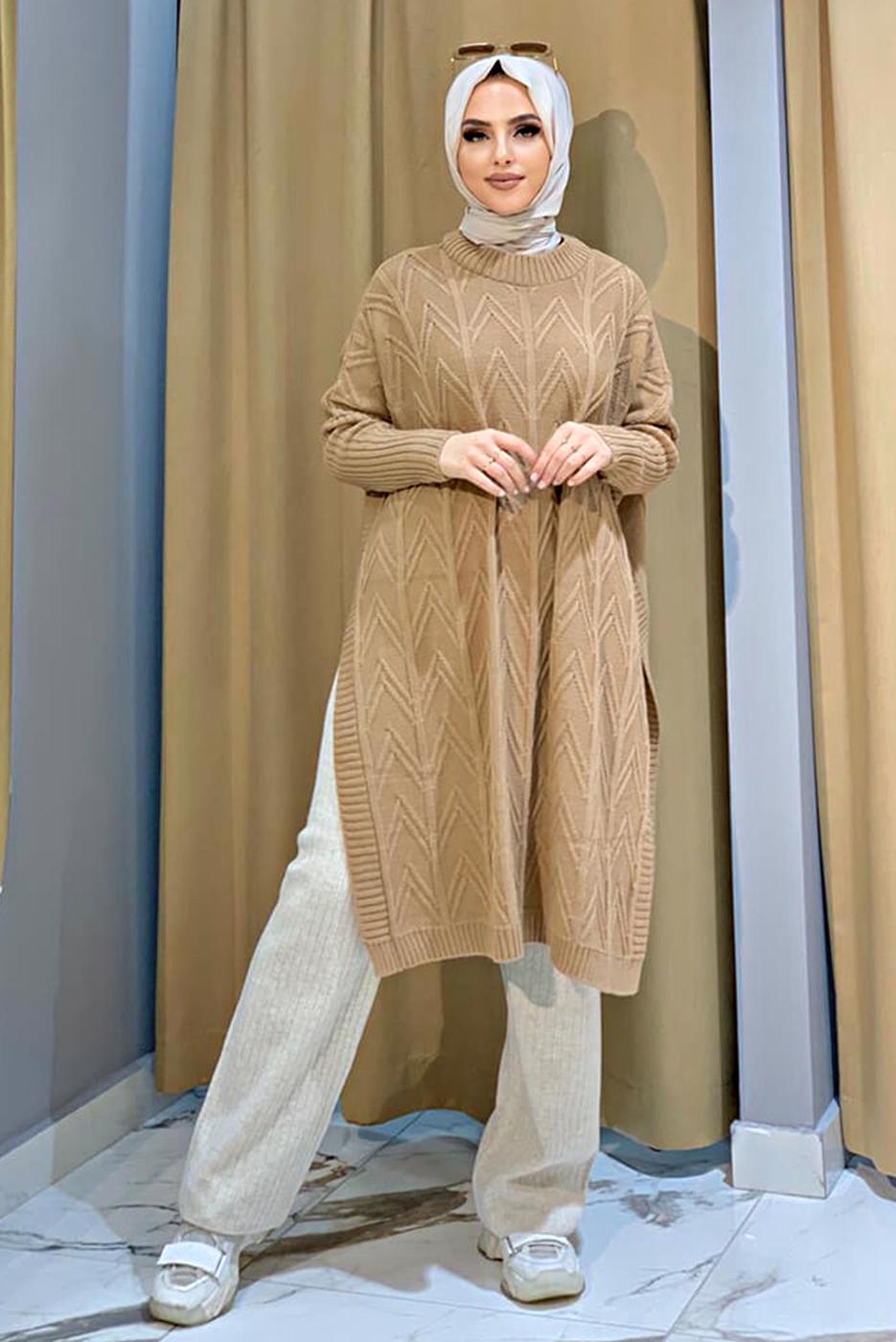 Tesettür giyim TABA KENDİNDEN DESENLİ TRİKO PANÇO 83112	