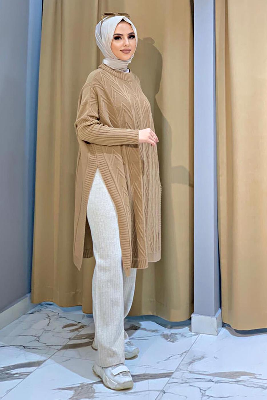 Tesettür giyim TABA KENDİNDEN DESENLİ TRİKO PANÇO 83112	