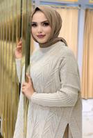 Tesettür giyim BEJ KENDİNDEN DESENLİ TRİKO PANÇO 83112	