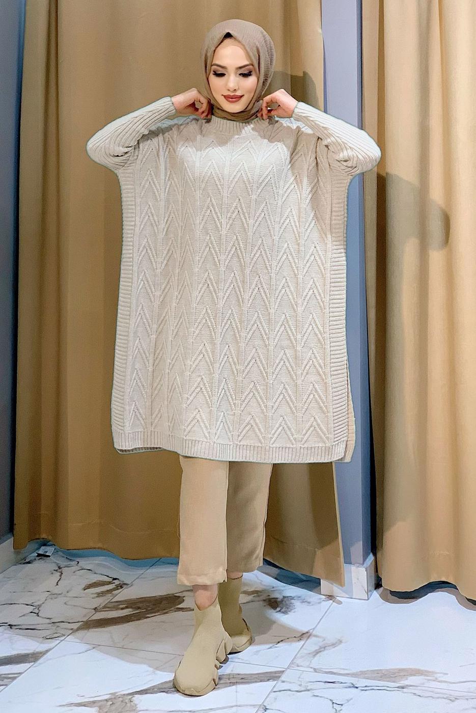 Tesettür giyim BEJ KENDİNDEN DESENLİ TRİKO PANÇO 83112	